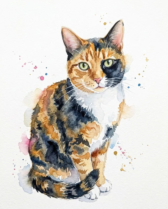 Watercolor Wash: example portrait of a calico cat